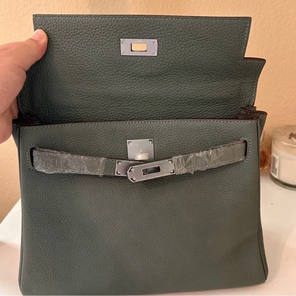 28cm Gray Green Top Handle Leather KL Satchel